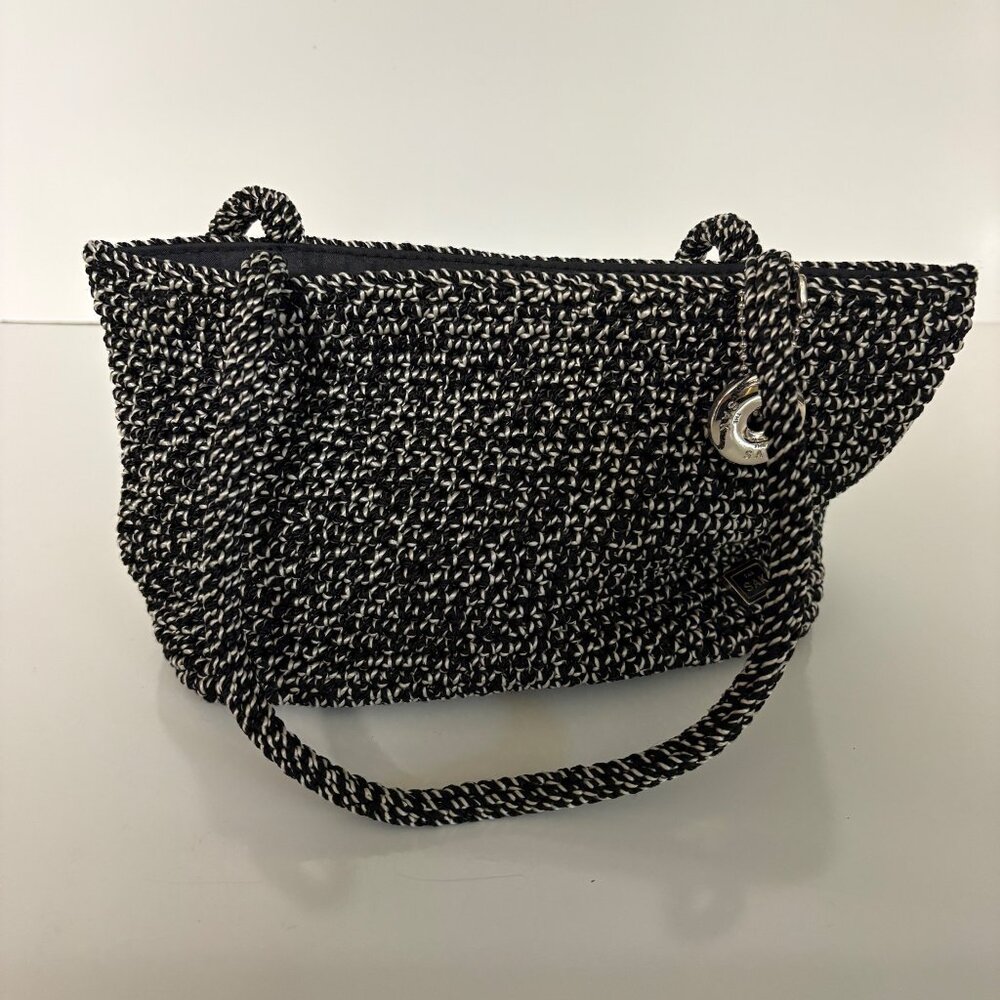 The Sak Black White Crochet Knit Small Purse Double Handles Lined Top Zipper